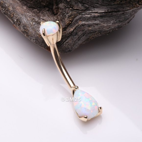 14 Karat Gold Dainty Fire Opal Teardrop Sparkle Belly Button Ring